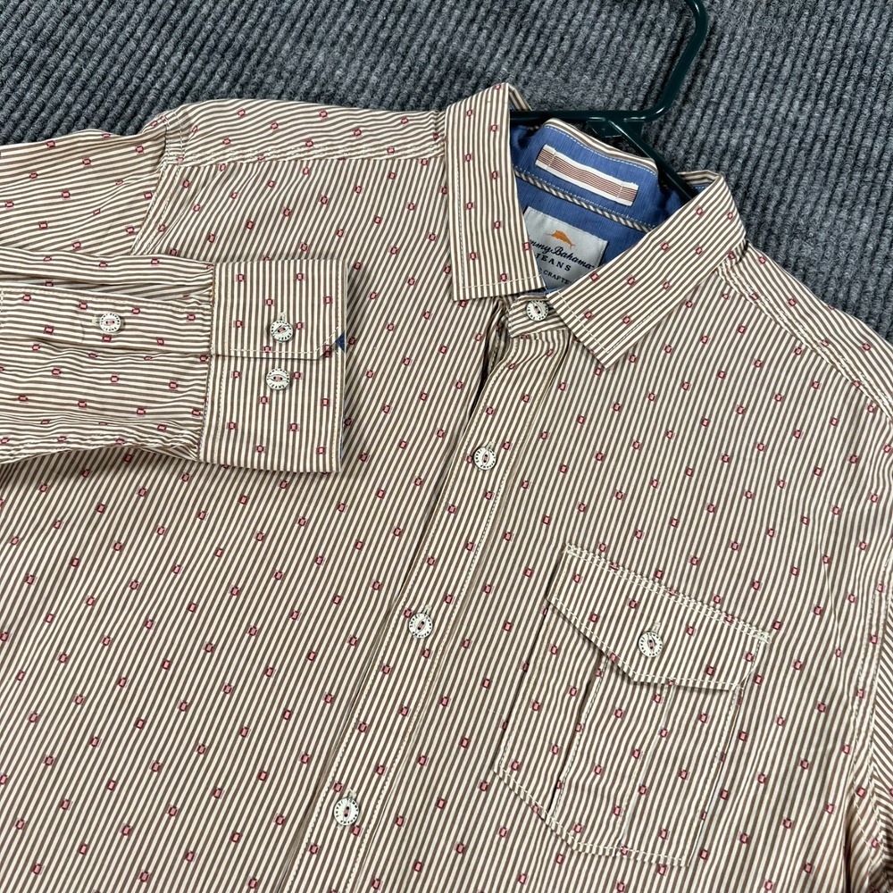 Tommy Bahama Jeans Shirt Mens Large Tan Striped Long Sleeve Button Up Casual